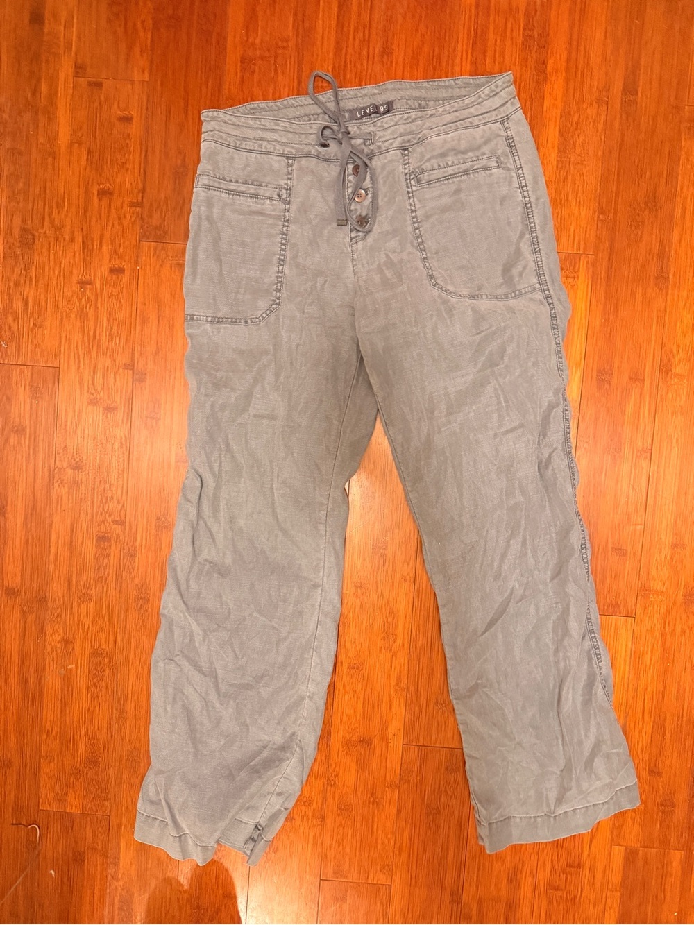 Anthropogie Level 99 Pants Women Size 32 Green Dayla Linen Cargo Roll Up Stretch
